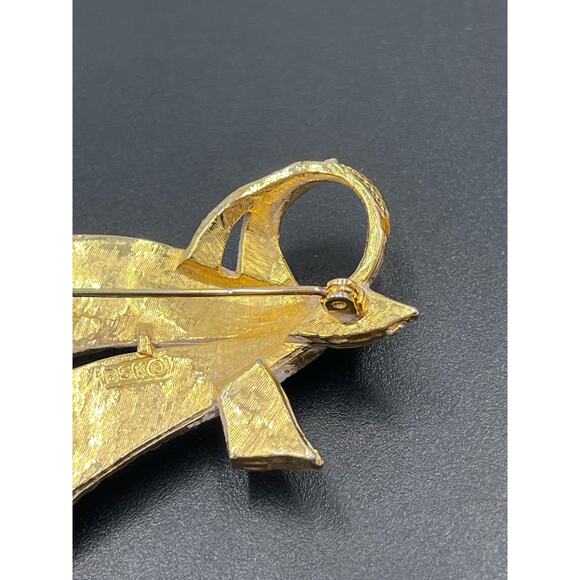 BSK Vintage Gold Tone Orange Yellow Enameled Flower Rhinestone Encrusted Brooch - Picture 10 of 13